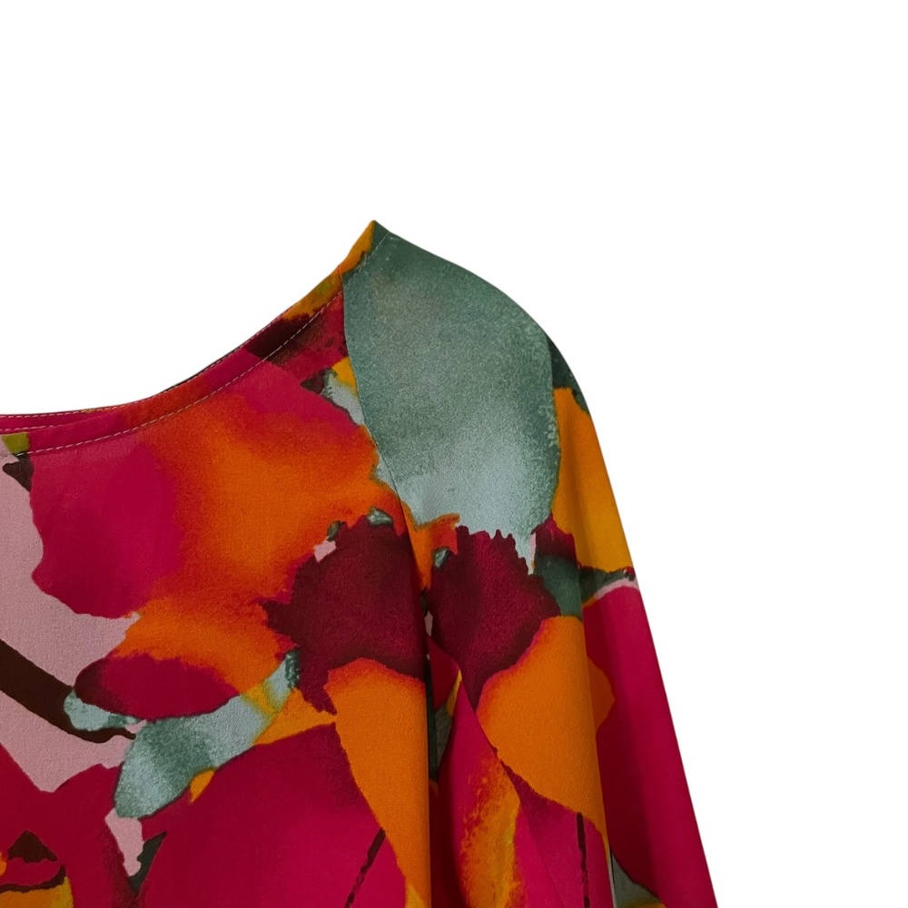 J Jill Christian Siriano Pink Floral Blouse Medium Petite Long Sleeves Abstract - Picture 4 of 11